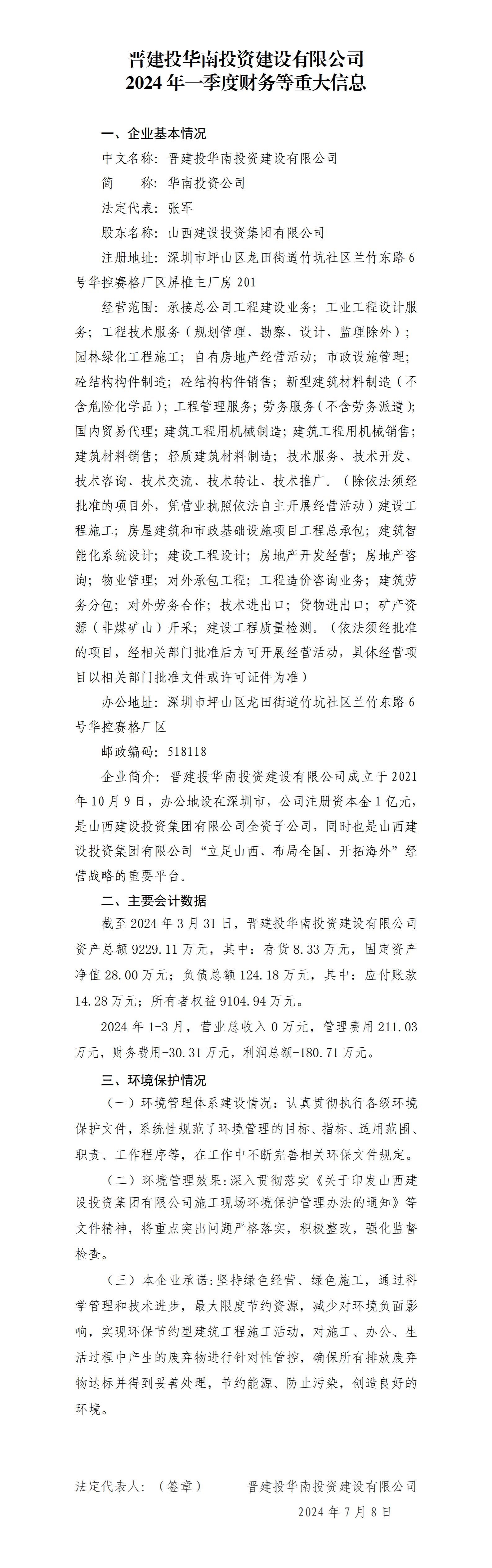 晋建投华南投资龙8有限公司2024年一季度财务等重大信息