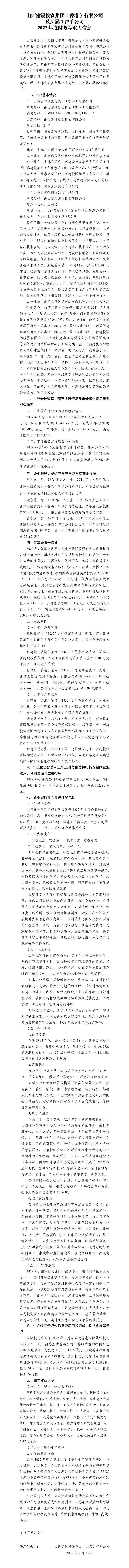 山西龙8投资集团（香港）有限公司及所属1户子公司 2022年度财务等重大信息
