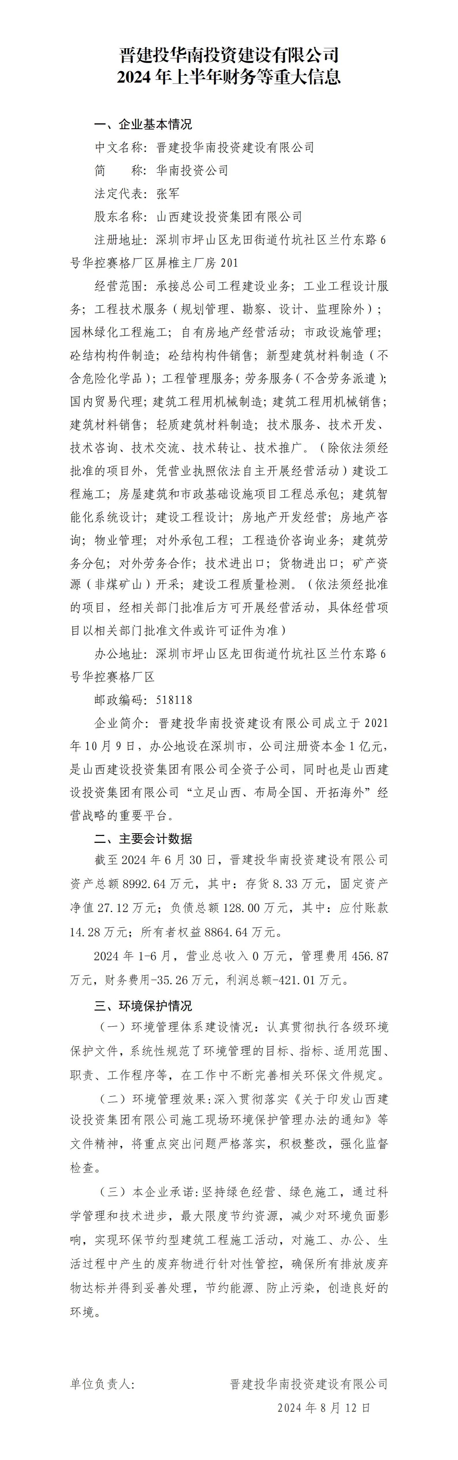 晋建投华南投资龙8有限公司2024年上半年财务等重大信息