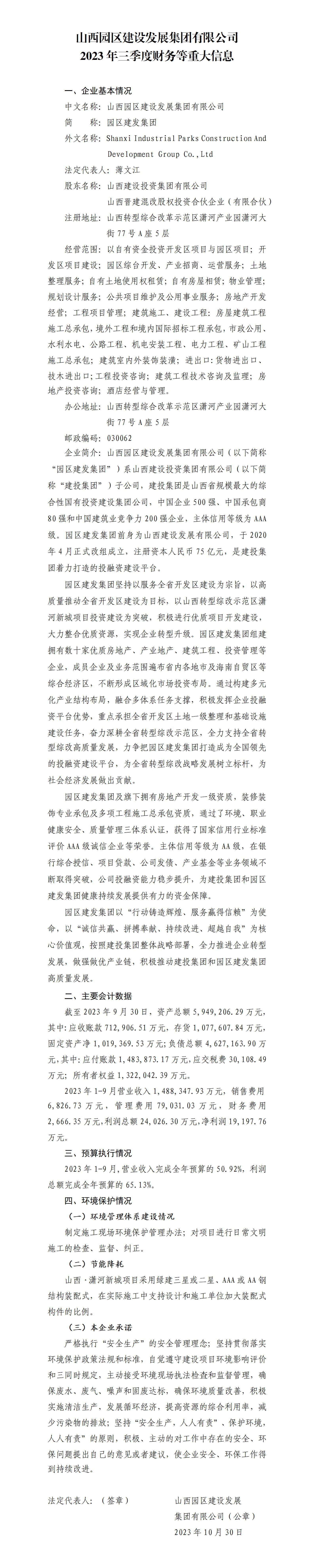 山西园区龙8发展集团有限公司2023年三季度财务等重大信息