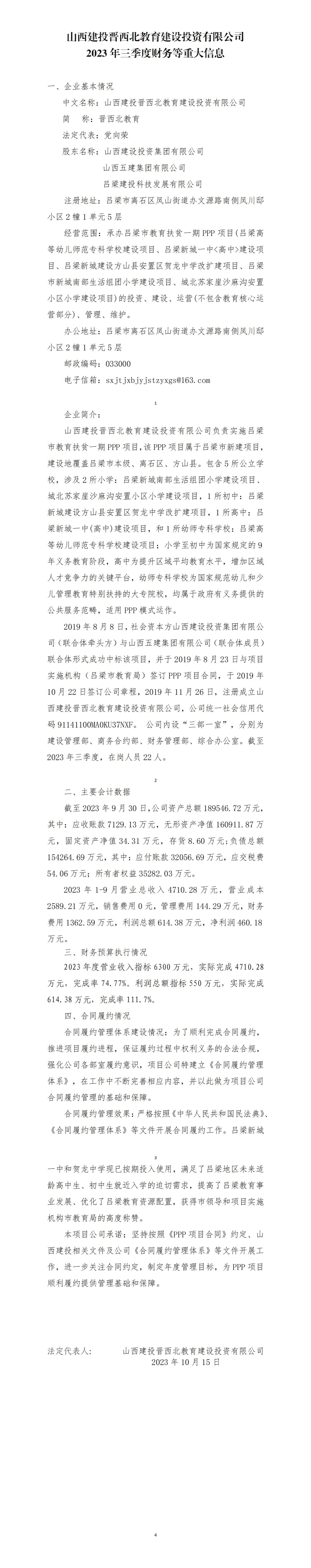 山西建投晋西北教育龙8投资有限公司2023年三季度财务等重大信息